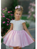 Cap Sleeves Beaded Ivory And Pink Satin Cute Flower Girl Dress